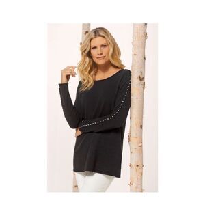 Soft Surroundings Black Sweater L | Pearl Stud Sleeve Cozy Knit Pullover Luxury